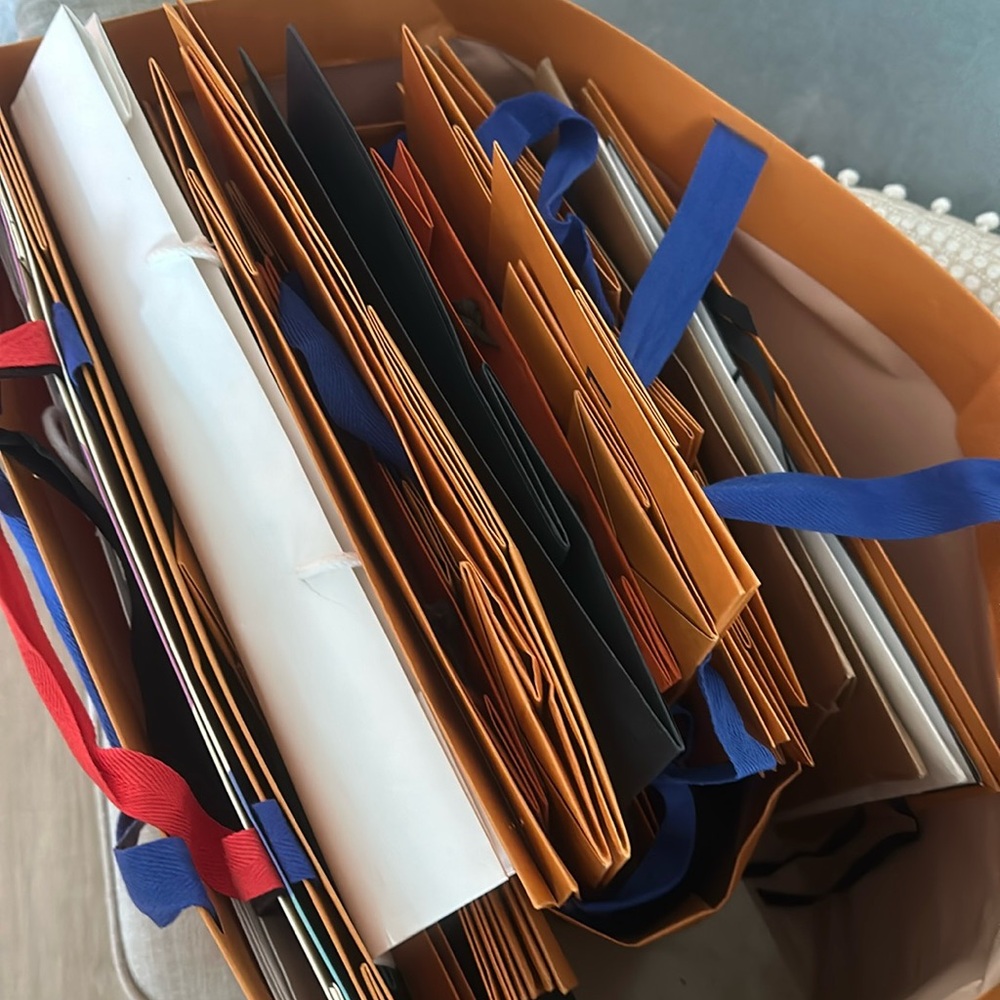Luxury shopping bags assorted LV, Hermes, Gucci, louboutin, Prada and diff sizes